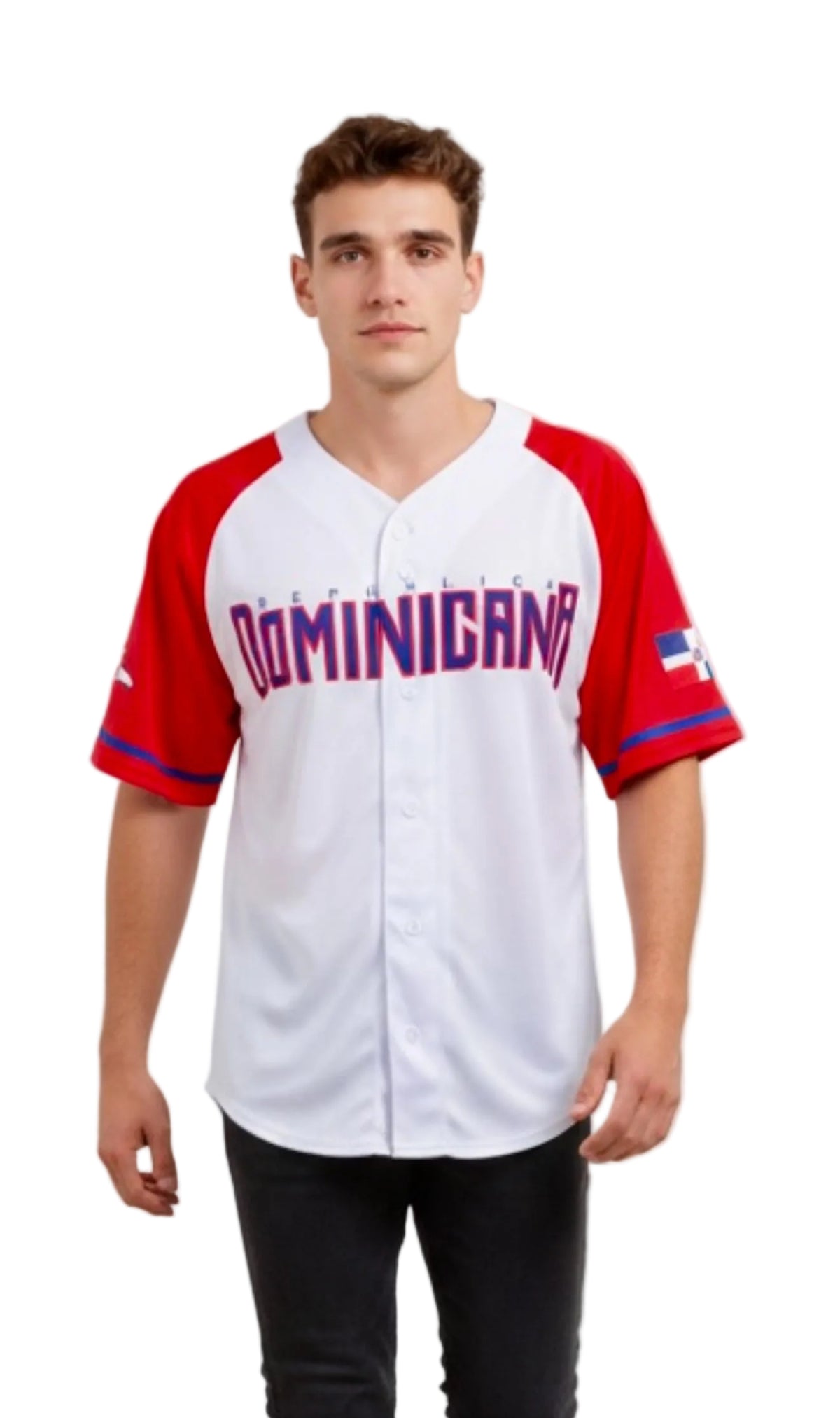 Person wearing a white and red baseball jersey with 'DOMINICANA' printed on it against a white background