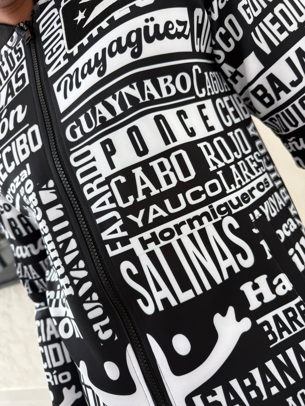 Puerto Rico 78 Pueblos Bomber Jacket | Black White Streetwear Jacket