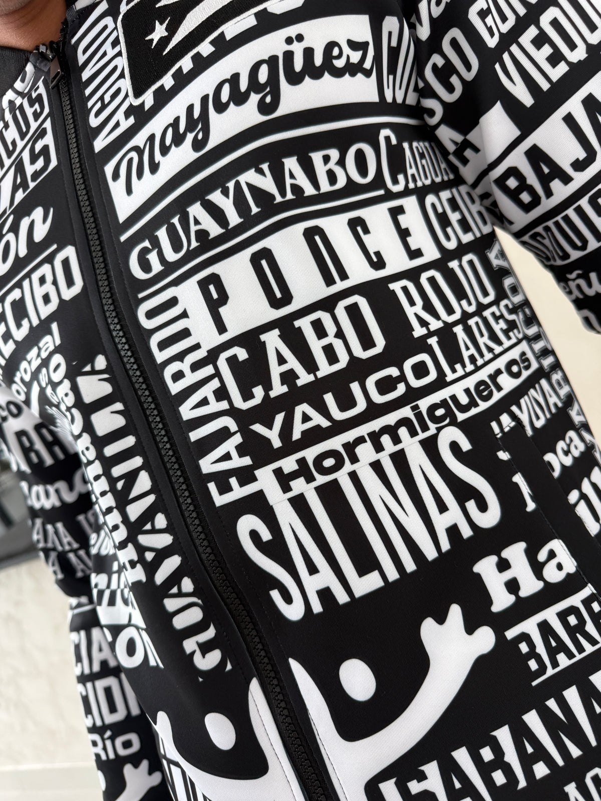 Puerto Rico 78 Pueblos Bomber Jacket | Black White Streetwear Jacket