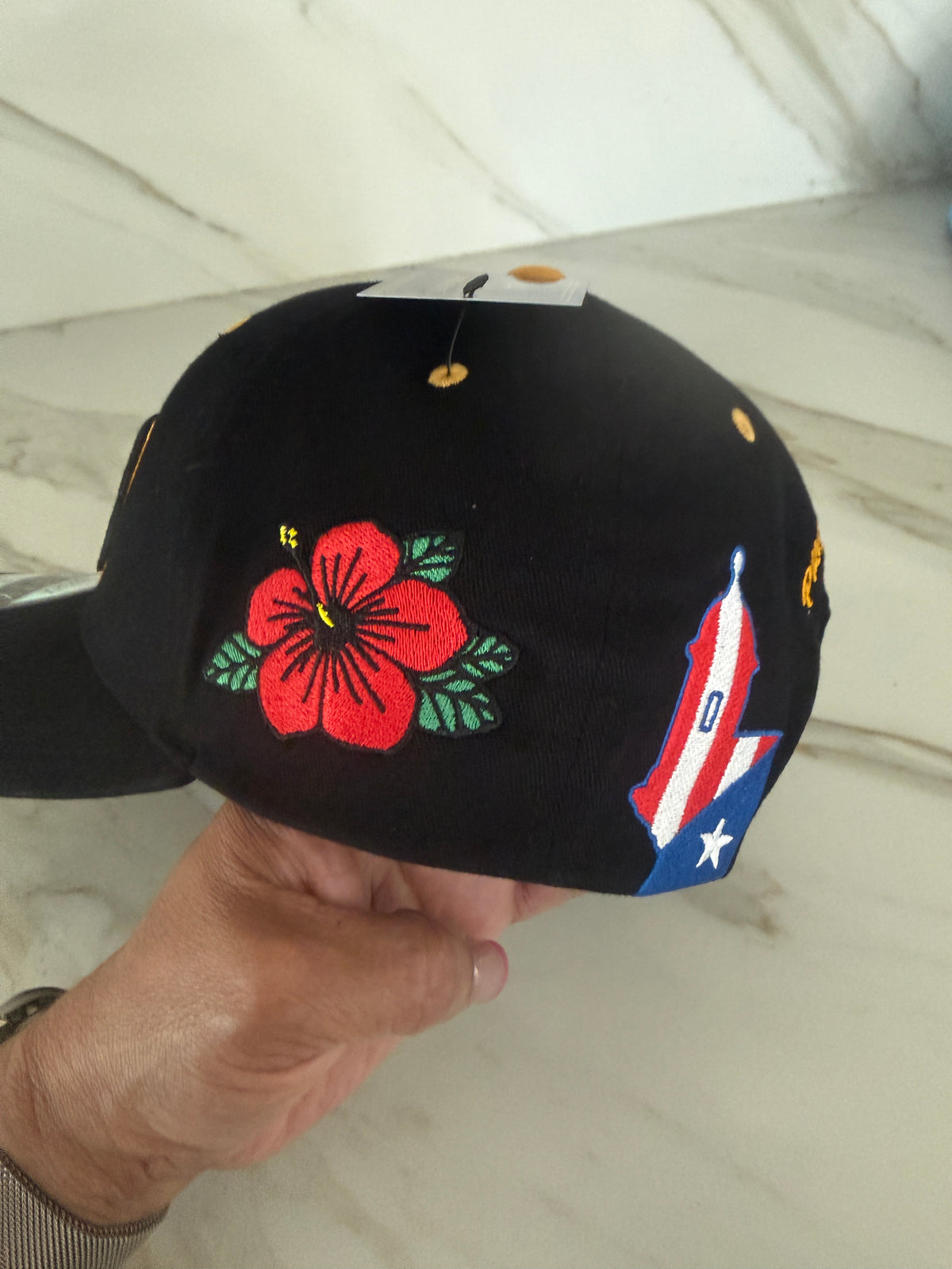 Puerto Rico PR Curved Brim Snapback Hat – Black & Gold Embroidered