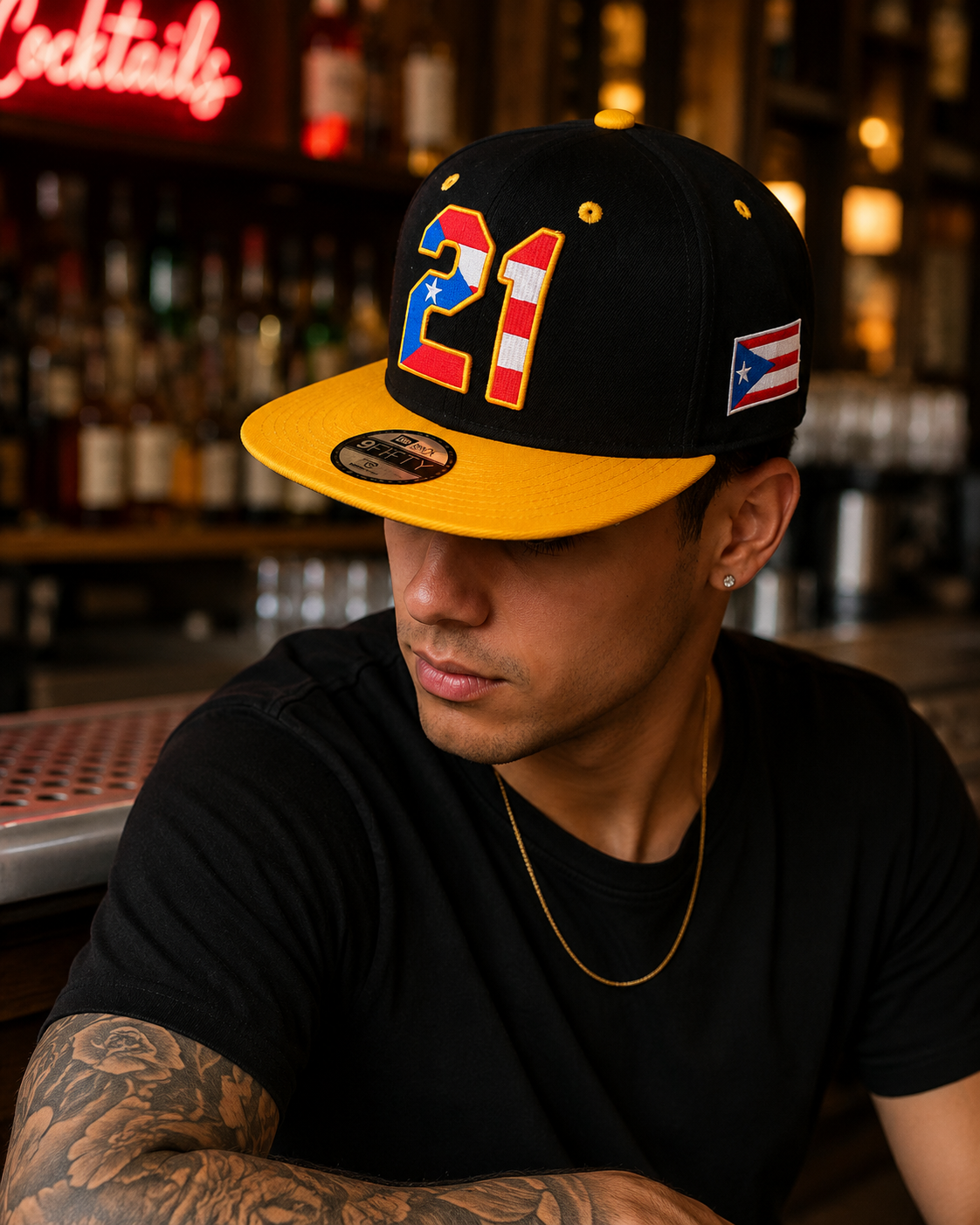 Puerto Rico 21 Black Yellow Flat Brim Snapback Hat – Flag Embroidered Cap