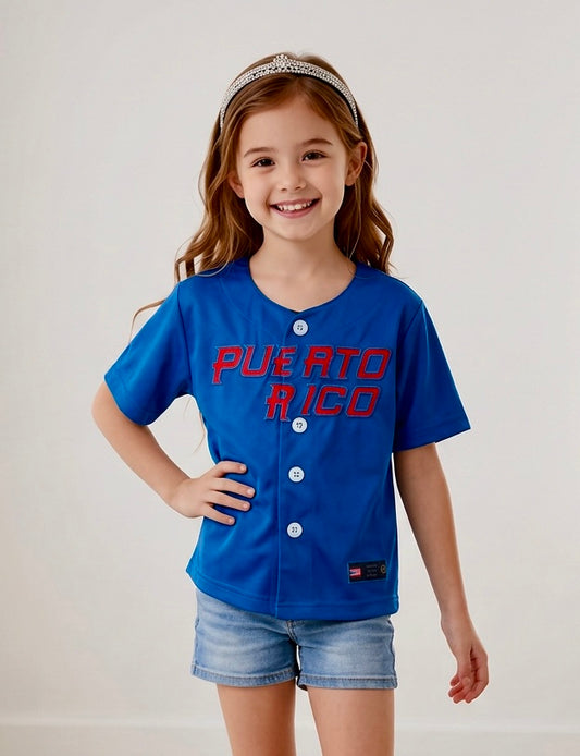 Puerto Rico Kids Baseball Jersey – Blue #21 Embroidered Flag