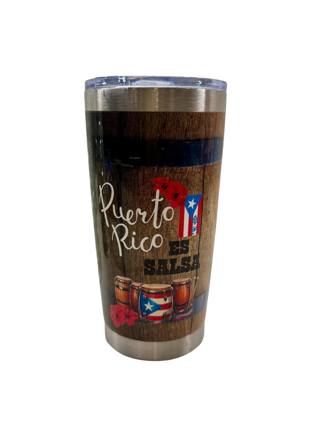 Puerto Rico Es Salsa 20oz tumbler with musical heritage design