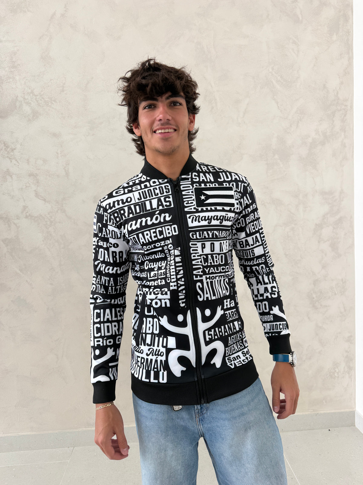 Puerto Rico 78 Pueblos Bomber Jacket | Black White Streetwear Jacket
