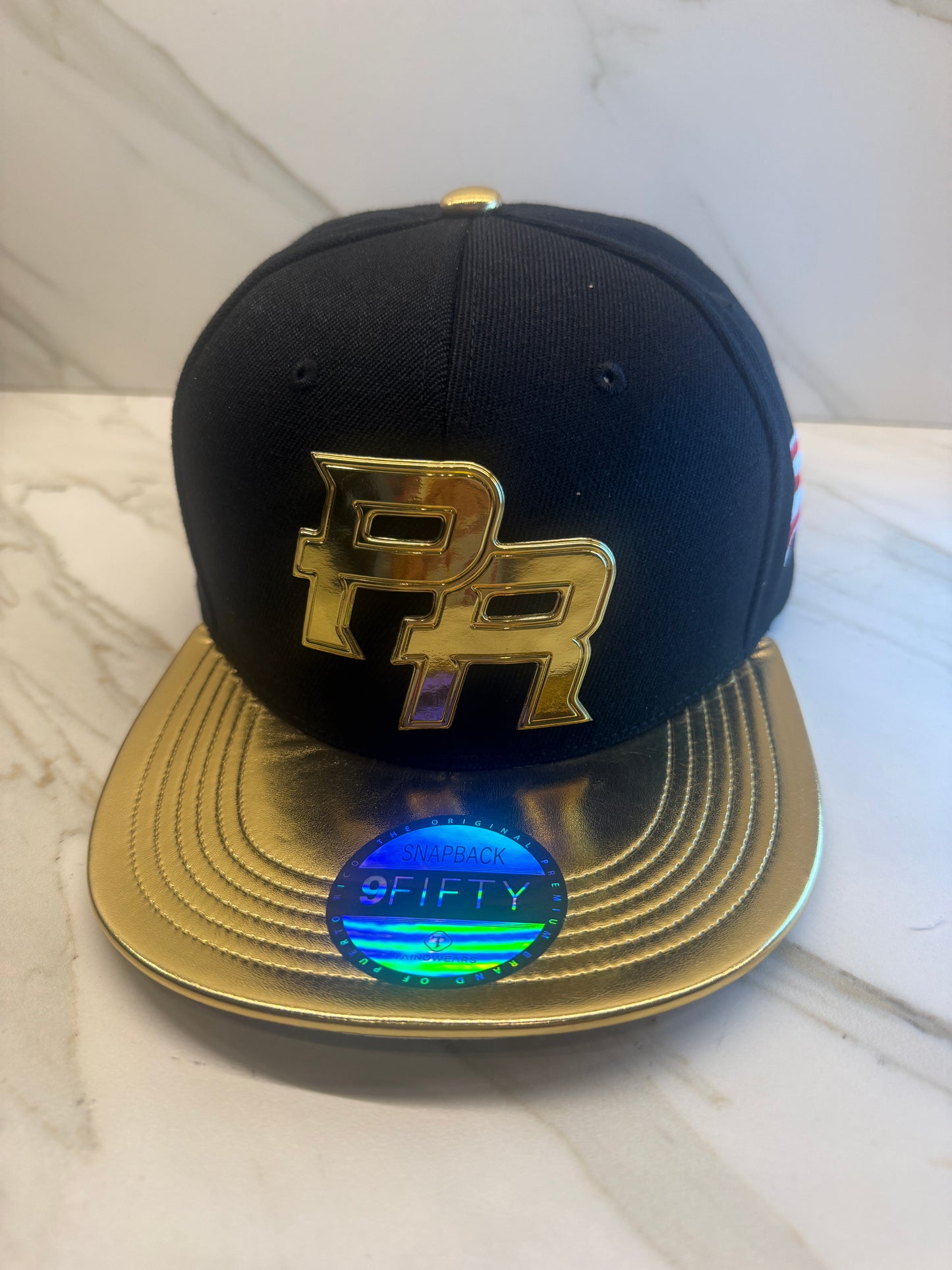 Puerto Rico PR Gold Snapback Hat – Metallic Logo Flat Brim Cap with Gold Visor & Flag Patch | Adjustable Premium Streetwear Cap