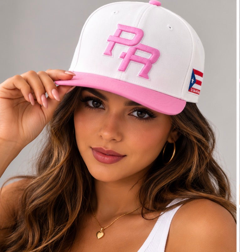 Puerto Rico PR Pink & White Snapback Cap – Embroidered Flat Brim Hat