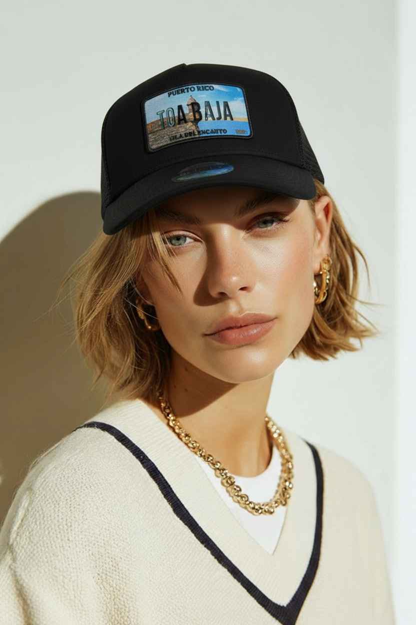 Puerto Rico town trucker hat with TPU license plate patch and mesh back