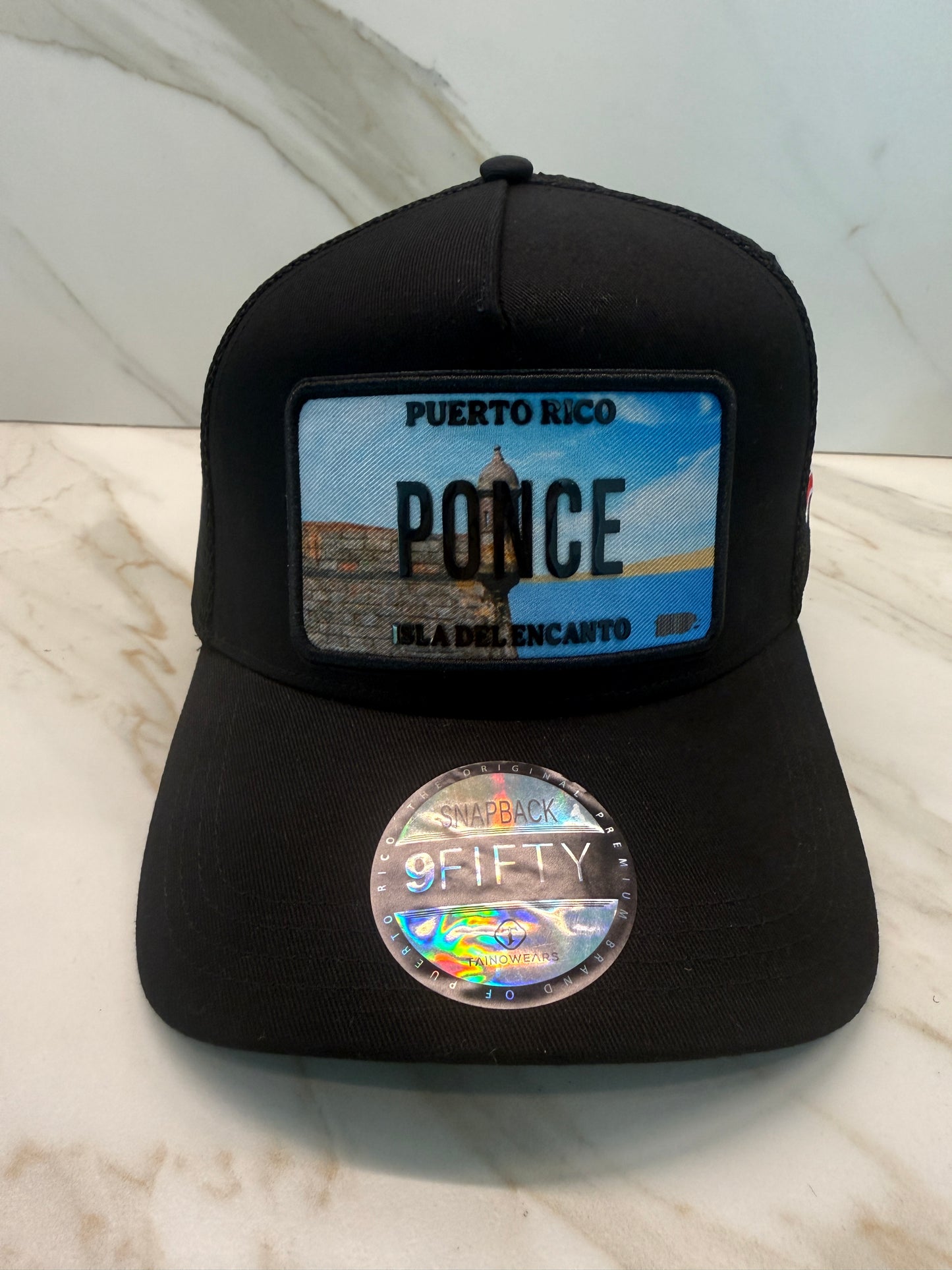 Puerto Rico Curved Brim Snapback Trucker Hat – Mesh Back, Leather License-Plate Patch, Isla del Encanto