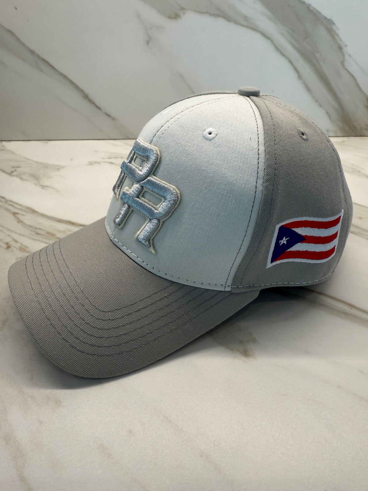 Puerto Rico PR Off-White Curved Brim Hat – Silver Embroidered Adjustable Cap