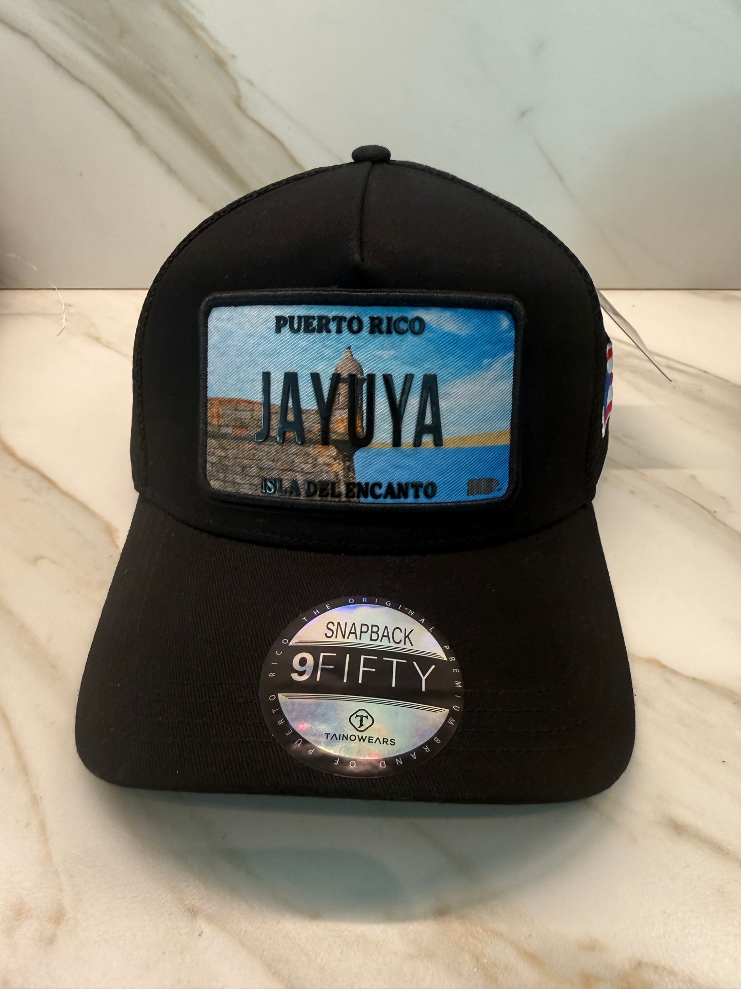 Puerto Rico Curved Brim Snapback Trucker Hat – Mesh Back, Leather License-Plate Patch, Isla del Encanto