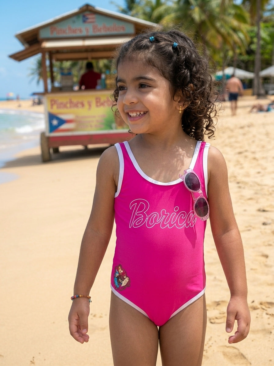 Boricua Girls One Piece Swimsuit – Pink Puerto Rico Flor Maga Bathing Suit | Tainowears®