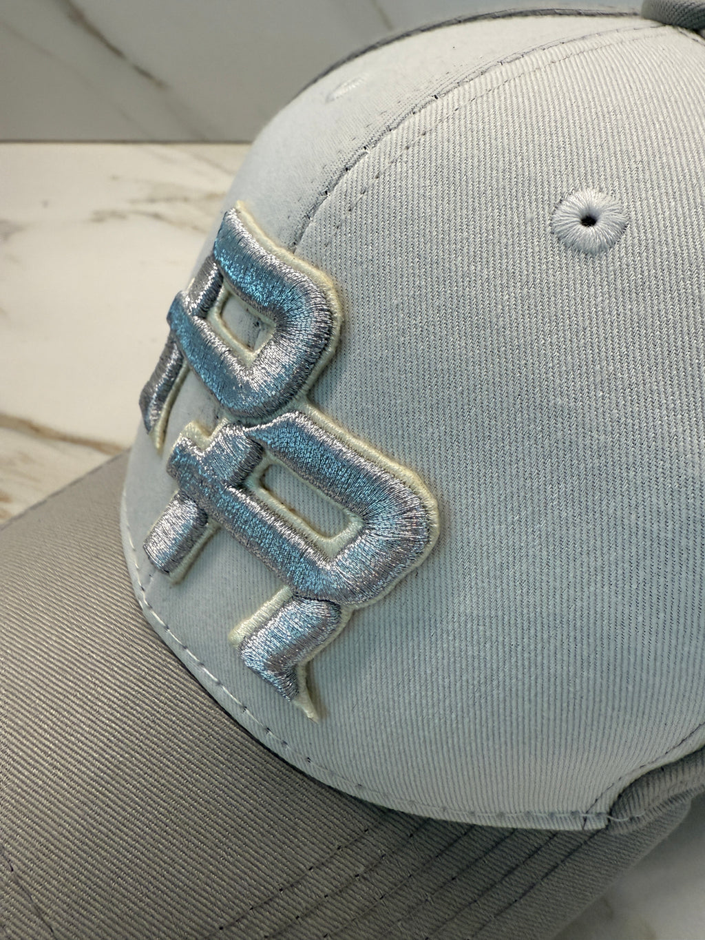 Puerto Rico PR Off-White Curved Brim Hat – Silver Embroidered Adjustable Cap