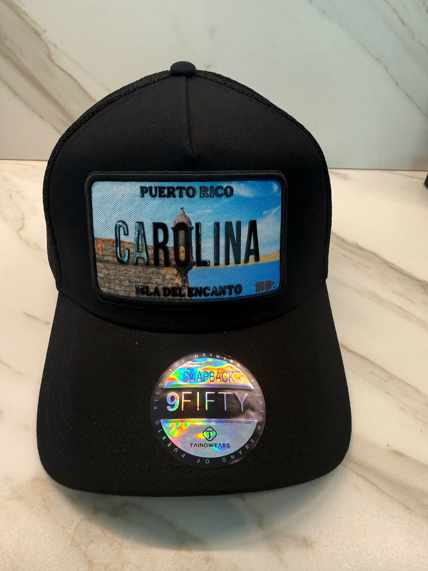 Puerto Rico Curved Brim Snapback Trucker Hat – Mesh Back, Leather License-Plate Patch, Isla del Encanto