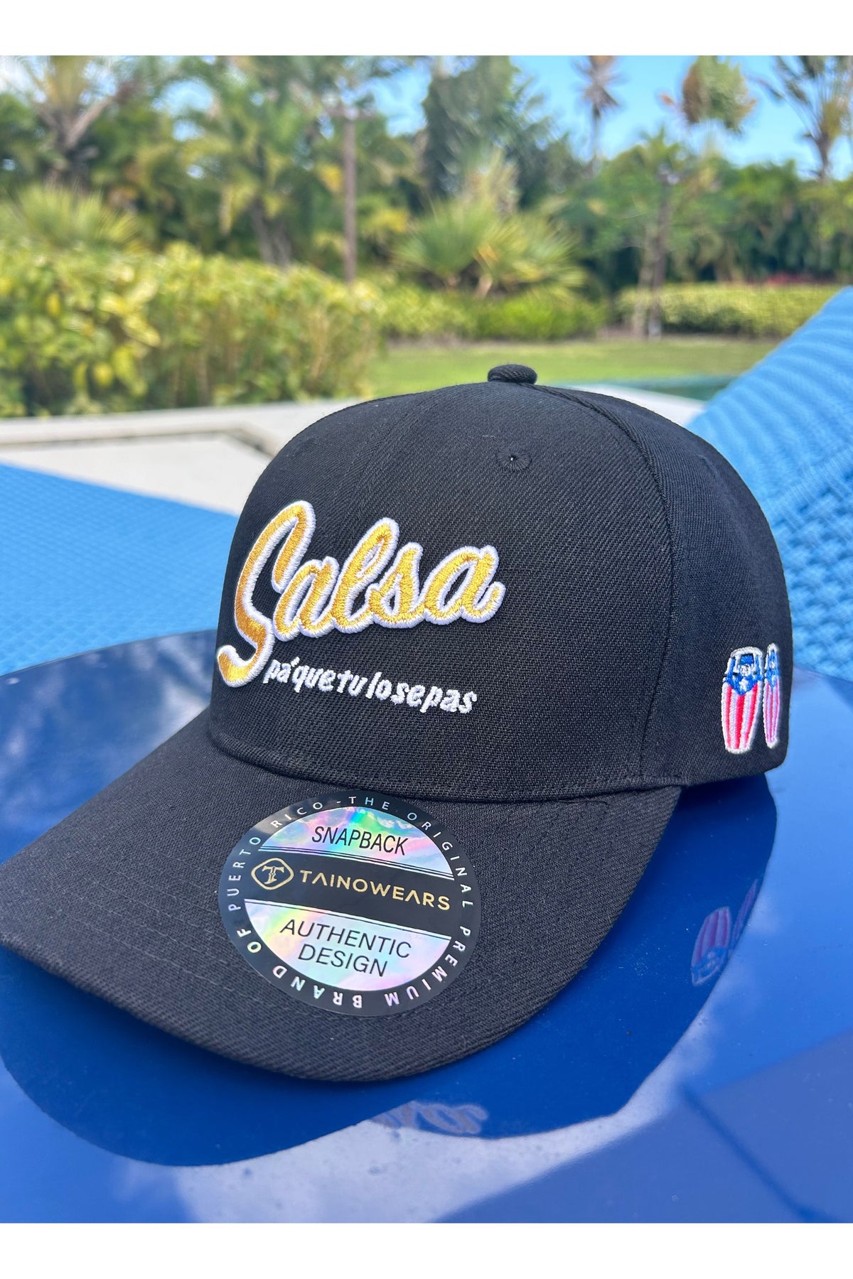 Salsa Trucker Hat – Gold Embroidered Polyester Cap with Timbales Detail | Tainowears®