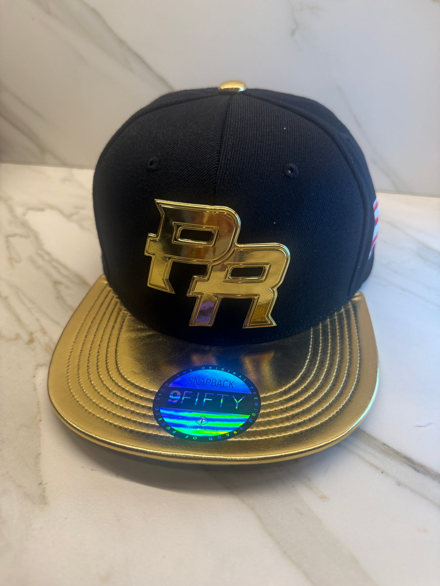 Puerto Rico PR Gold Snapback Hat – Metallic Logo Flat Brim Cap with Gold Visor & Flag Patch | Adjustable Premium Streetwear Cap
