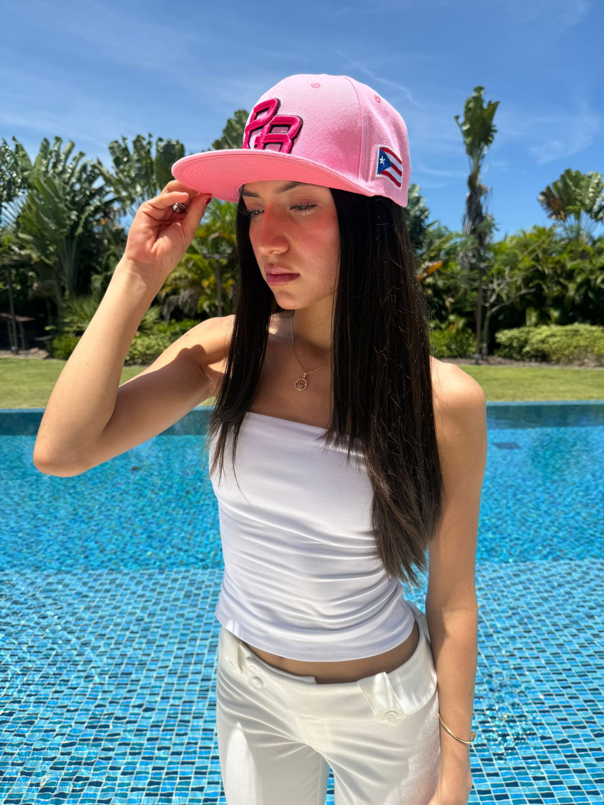 Puerto Rico Pink Flor Maga Hat - 5D Embroidered Flat Brim Snapback Cap
