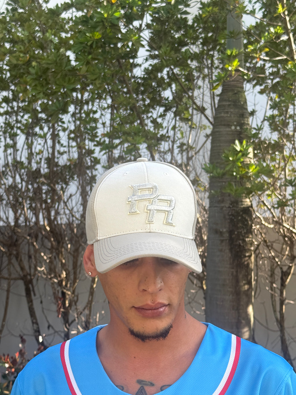 Puerto Rico PR Off-White Curved Brim Hat – Silver Embroidered Adjustable Cap