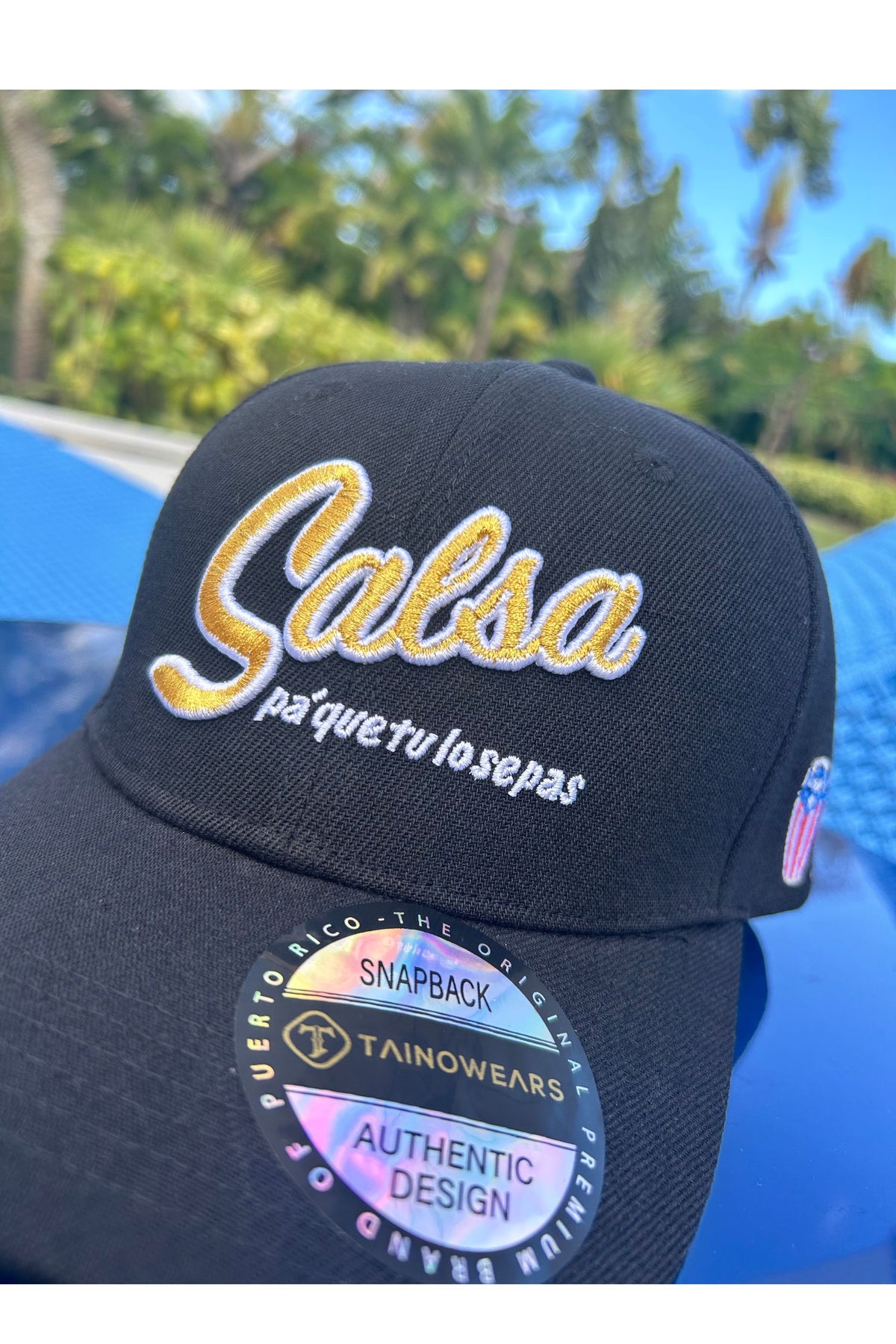 Salsa Trucker Hat – Gold Embroidered Polyester Cap with Timbales Detail | Tainowears®