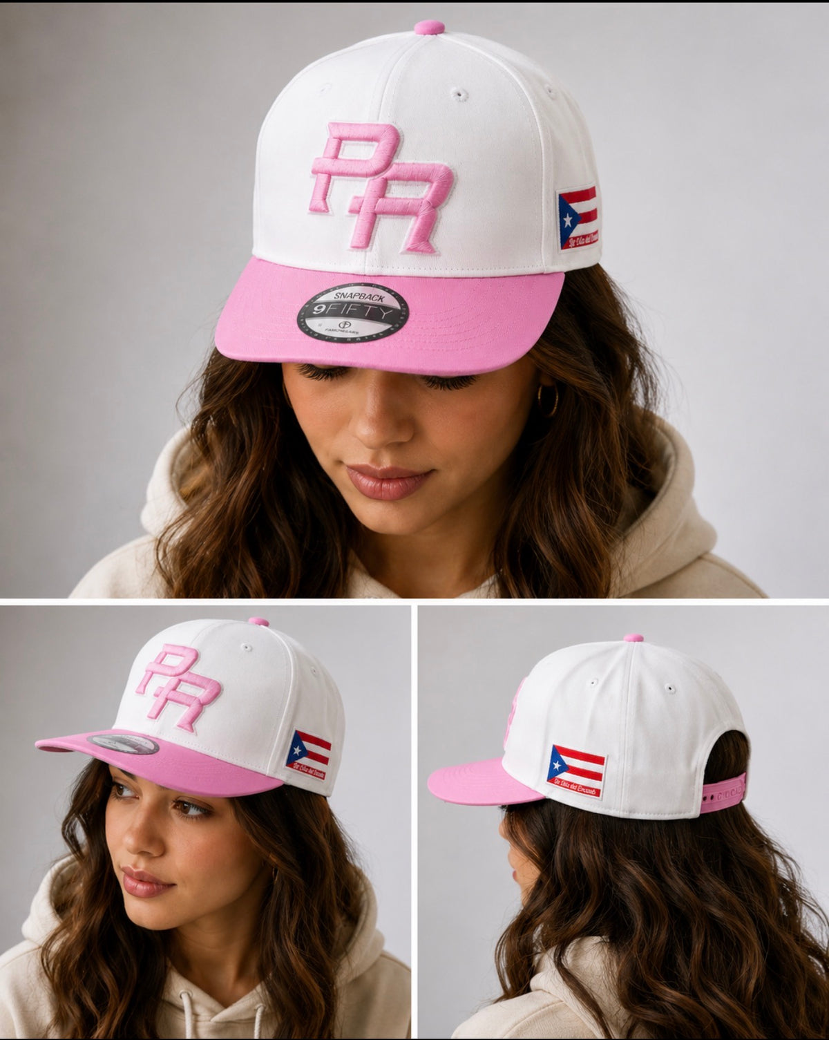 Puerto Rico PR Pink & White Snapback Cap – Embroidered Flat Brim Hat