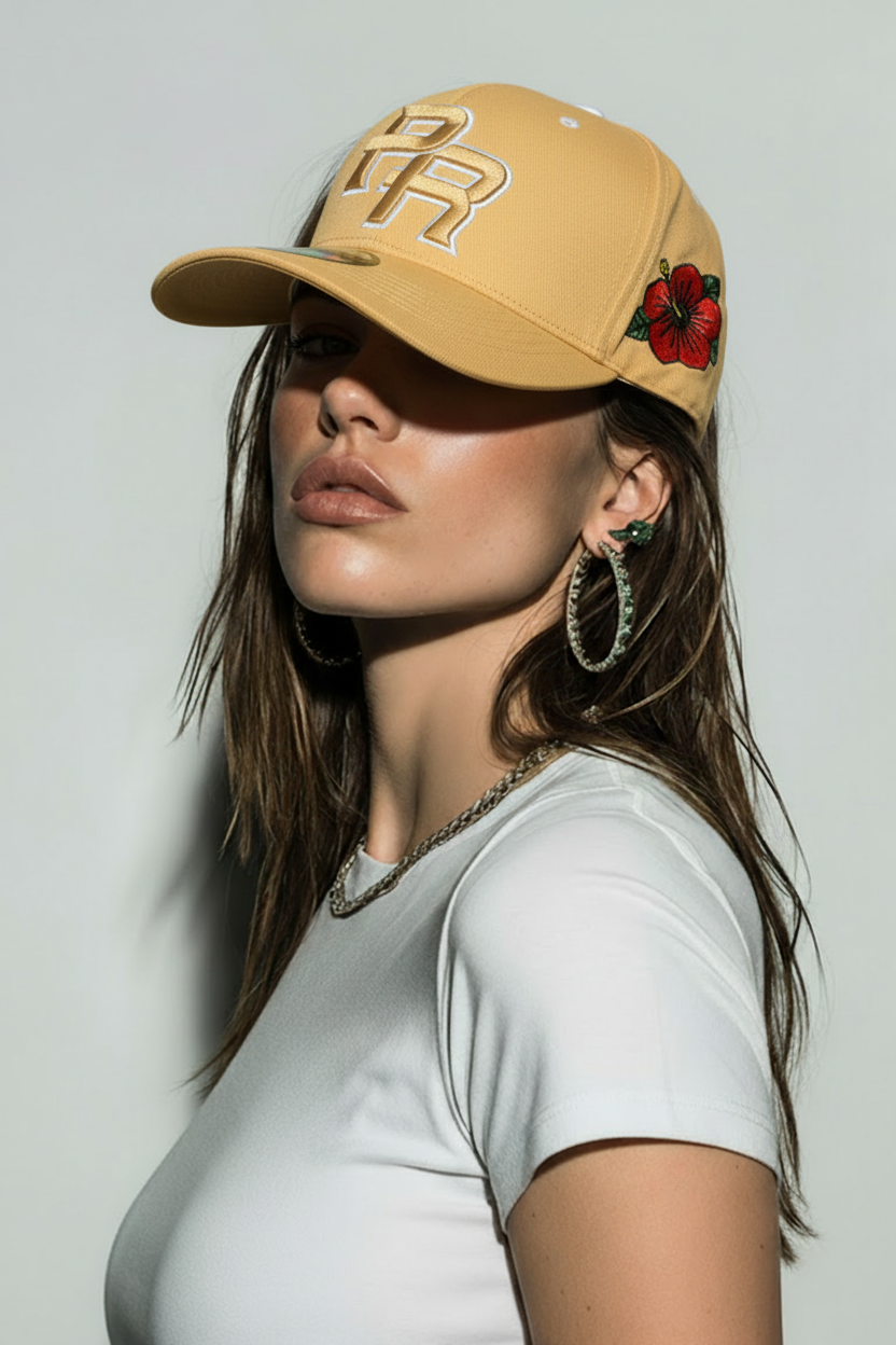 Puerto Rico PR Snapback Hat – Nude Curved Brim Cap with 5D Embroidery & Flor Maga Patch | Tainowears®