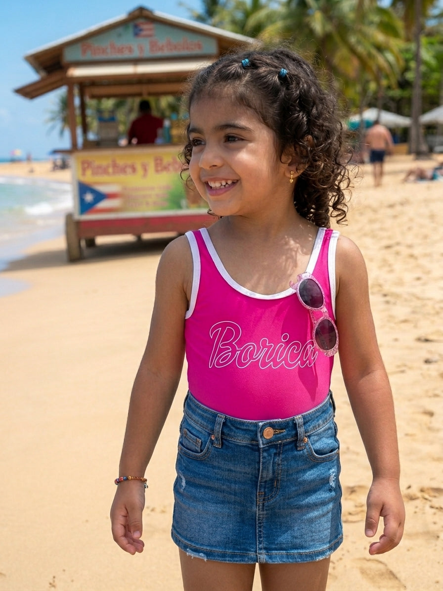 Boricua Girls One Piece Swimsuit – Pink Puerto Rico Flor Maga Bathing Suit | Tainowears®