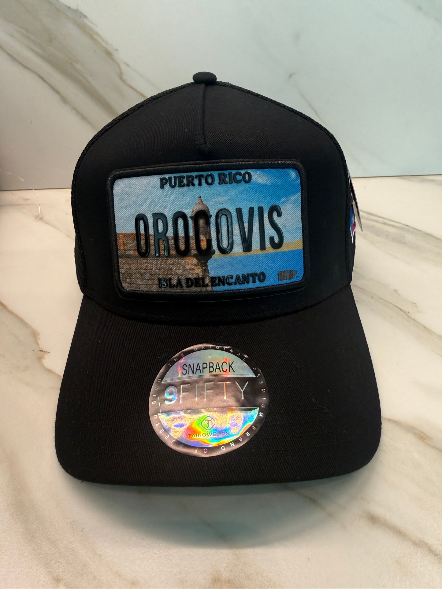 Puerto Rico Curved Brim Snapback Trucker Hat – Mesh Back, Leather License-Plate Patch, Isla del Encanto