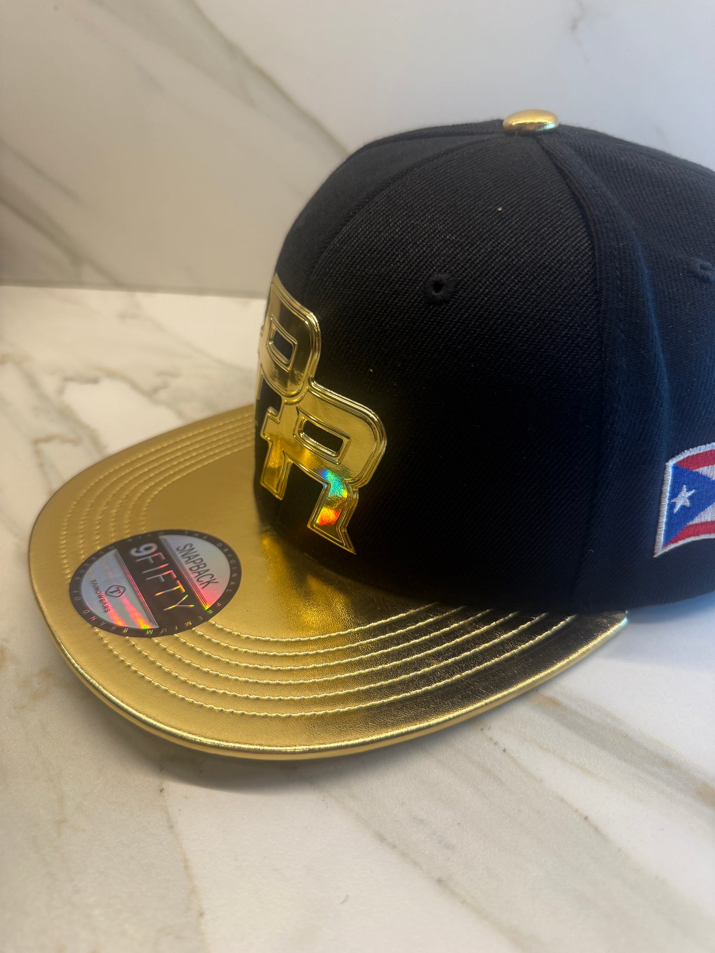 Puerto Rico PR Gold Snapback Hat – Metallic Logo Flat Brim Cap with Gold Visor & Flag Patch | Adjustable Premium Streetwear Cap
