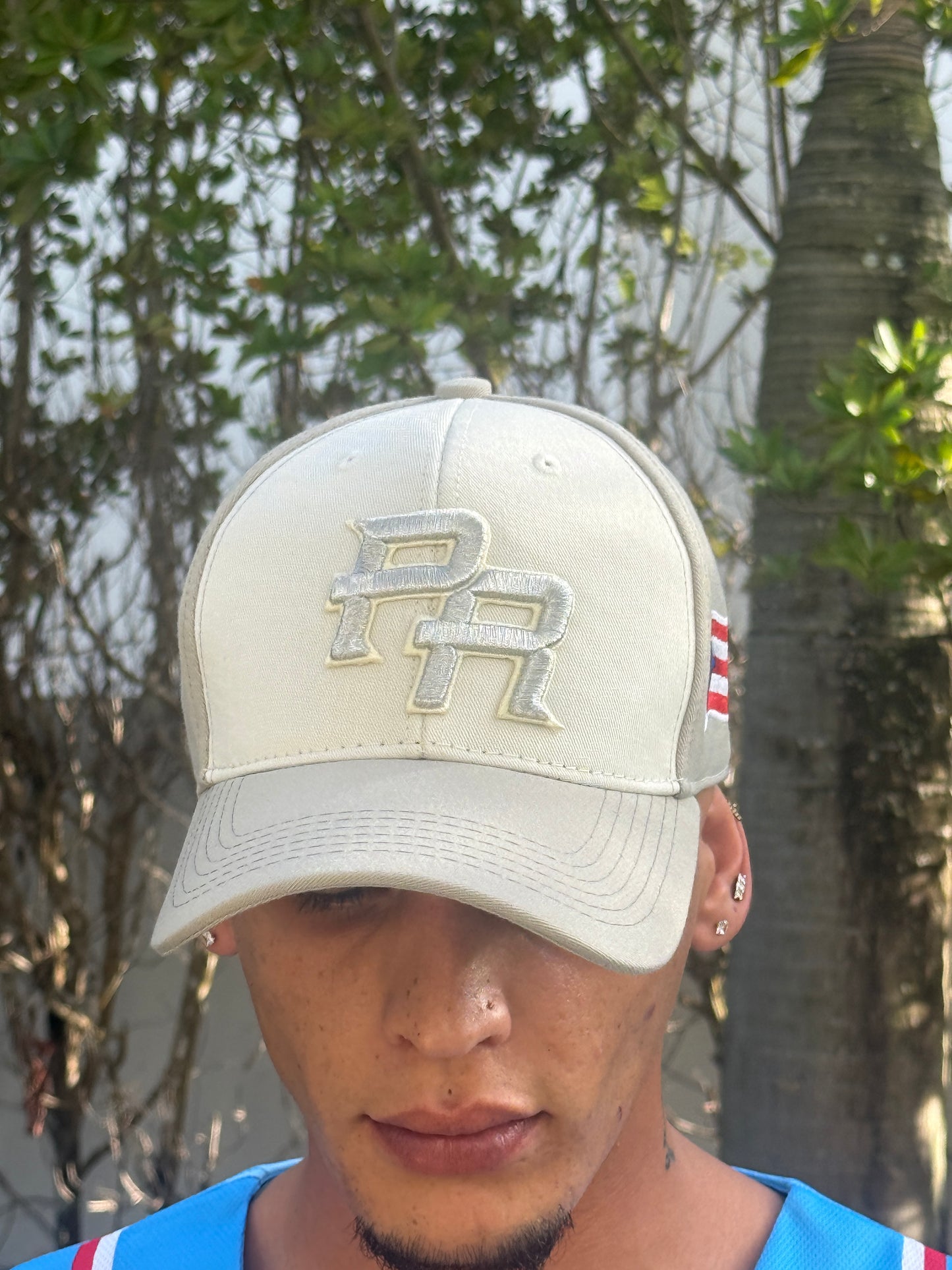 Puerto Rico PR Hat – Off White Curved Brim Cap with Silver Embroidery & Flag | Adjustable Boricua Baseball Ha