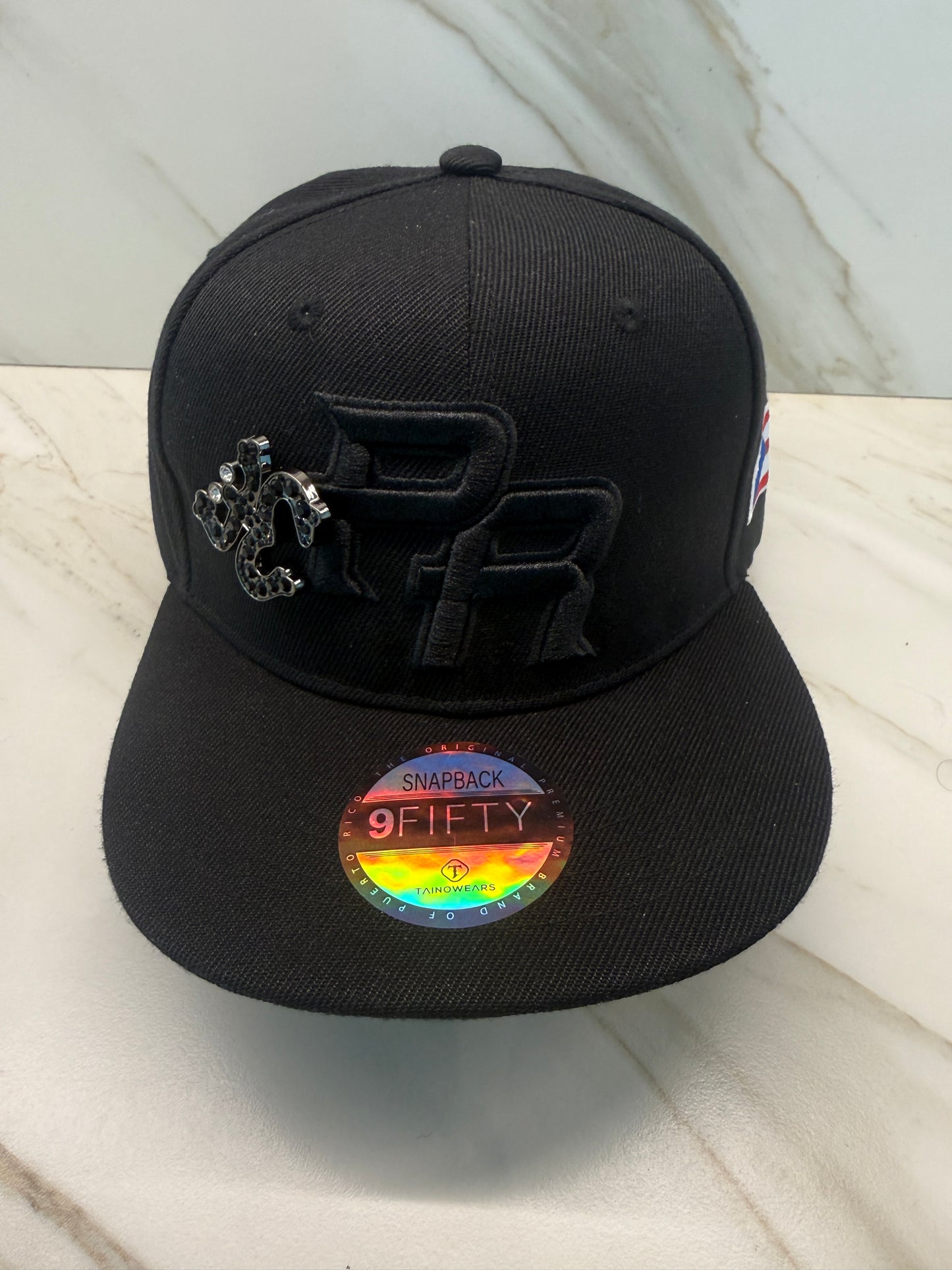 Puerto Rico Coqui Snapback Hat – Black Flat Brim Cap with Metal Stone Enamel Pin
