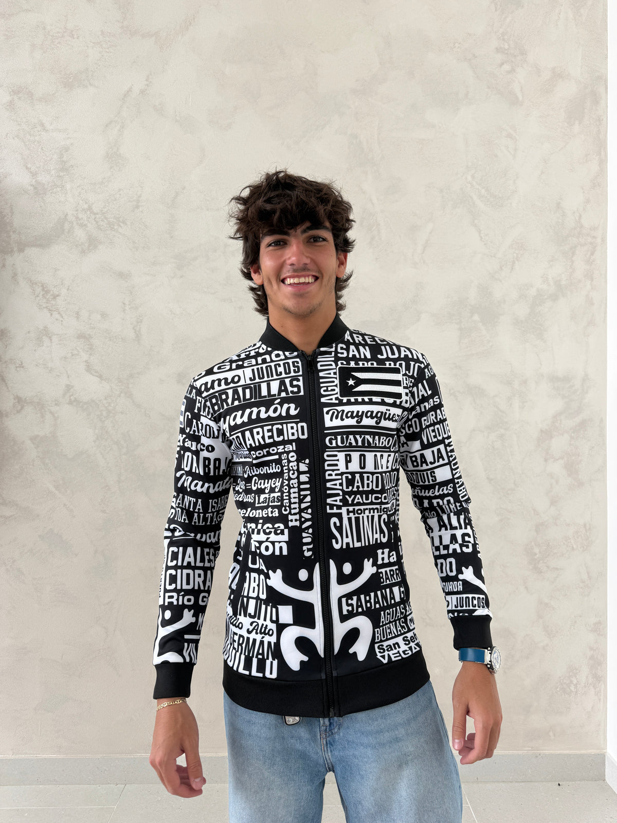 Puerto Rico 78 Pueblos Bomber Jacket | Black White Streetwear Jacket
