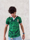 Green Aztec pattern short sleeve streetwear jersey on model