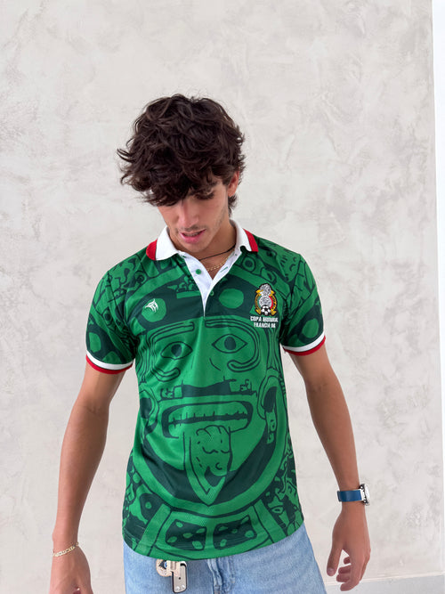 Green Aztec pattern short sleeve streetwear jersey on model