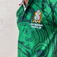 Aztec-inspired green polo jersey front view on male model