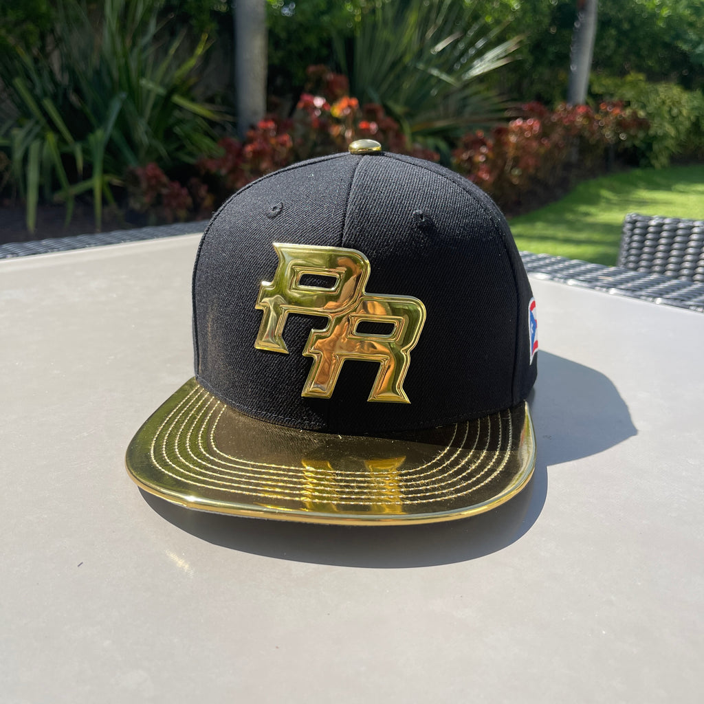 Puerto Rico Black Metallic Gold Hat - 5D Embroidered Flat Brim Snapback Cap
