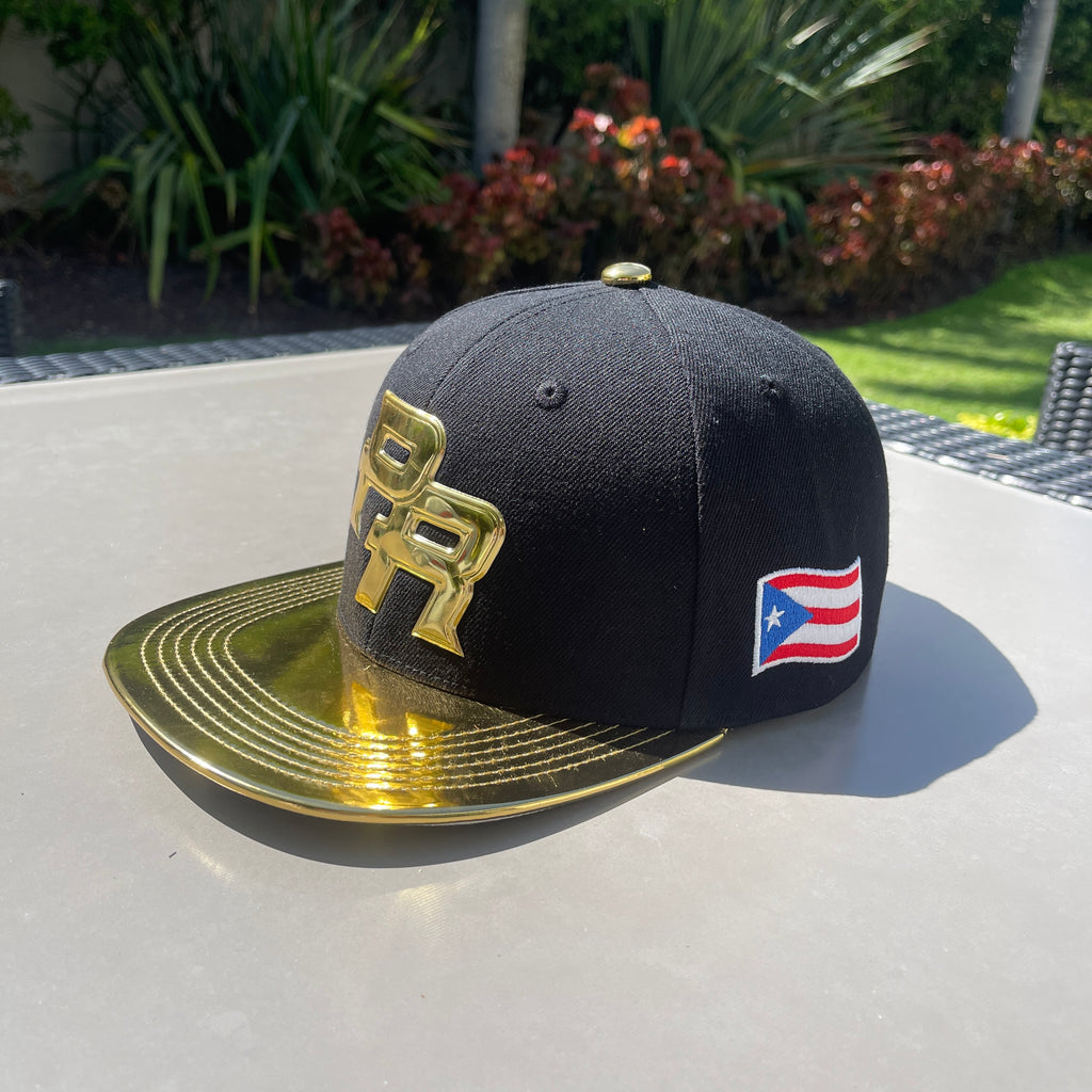 Puerto Rico Black Metallic Gold Hat - 5D Embroidered Flat Brim Snapback Cap