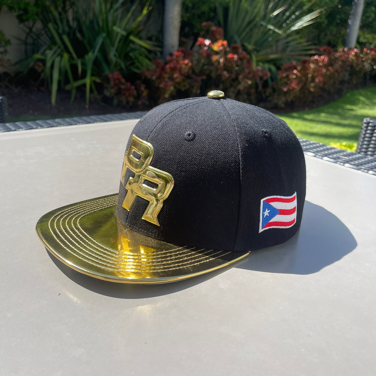Puerto Rico Black Metallic Gold Hat - 5D Embroidered Flat Brim Snapback Cap