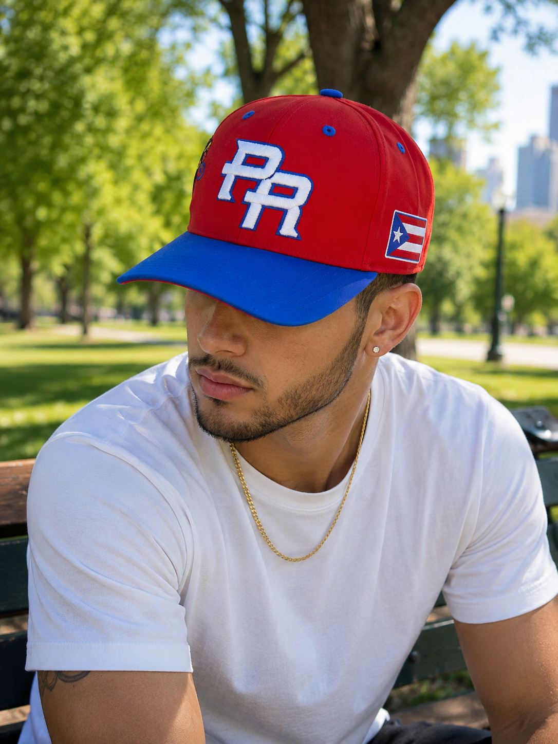 Front angled view of PR Heritage Snapback Hat with premium curved brim constructio