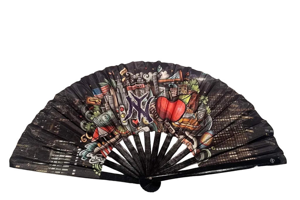 Broadway NYC black bamboo folding fan with city skyline artwork