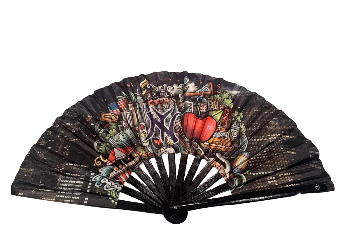 Broadway NYC black bamboo folding fan with city skyline artwork
