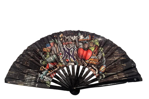 Broadway NYC black bamboo folding fan with city skyline artwork