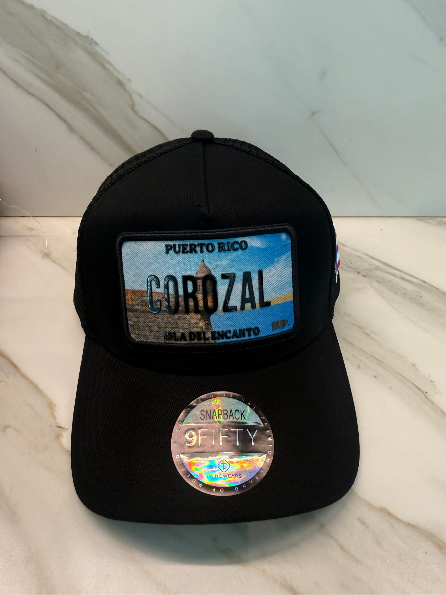 Puerto Rico Curved Brim Snapback Trucker Hat – Mesh Back, Leather License-Plate Patch, Isla del Encanto