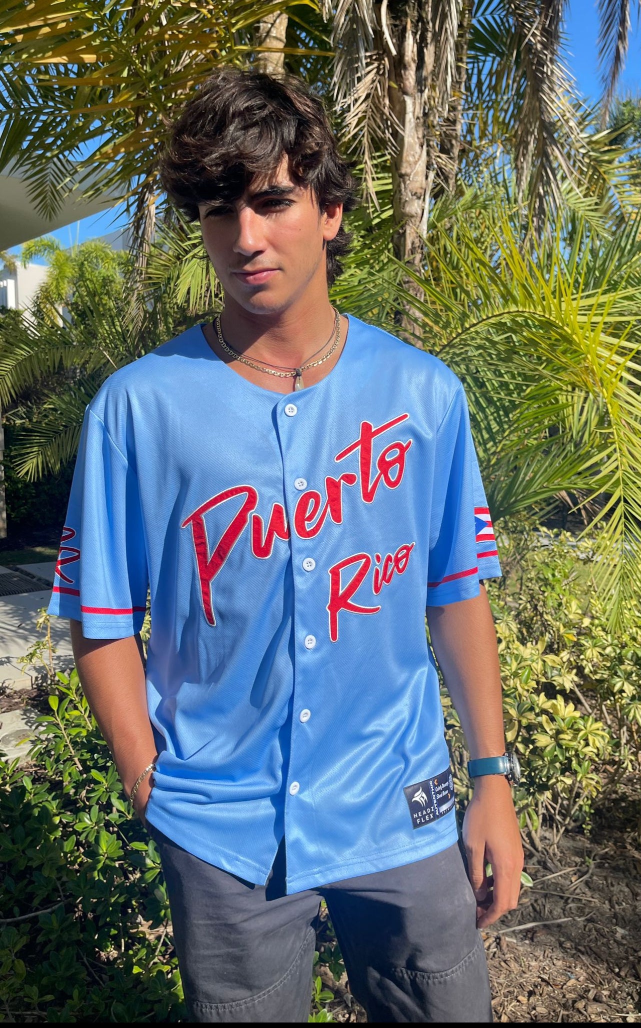Puerto Rico Sky Blue V26 Embroidered Baseball Jersey by Headz Flex