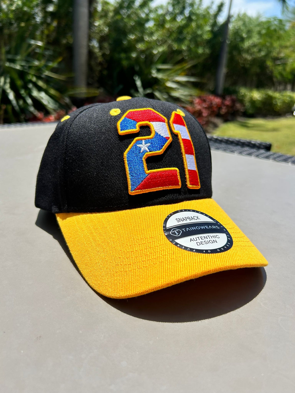 Puerto Rico 21 Curved Brim Cap – Black Crown, Yellow Brim | Tainowears®