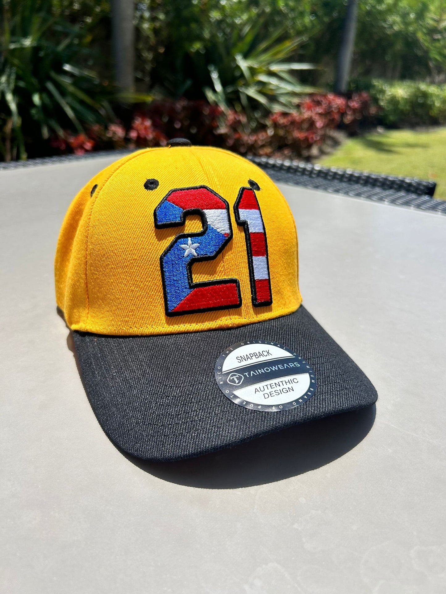 TAINOWEARS Puerto Rico Clemente 21 Yellow-Black Curved Trucker Hat – PR Embroidery, Adjustable, Puerto Rican Flag