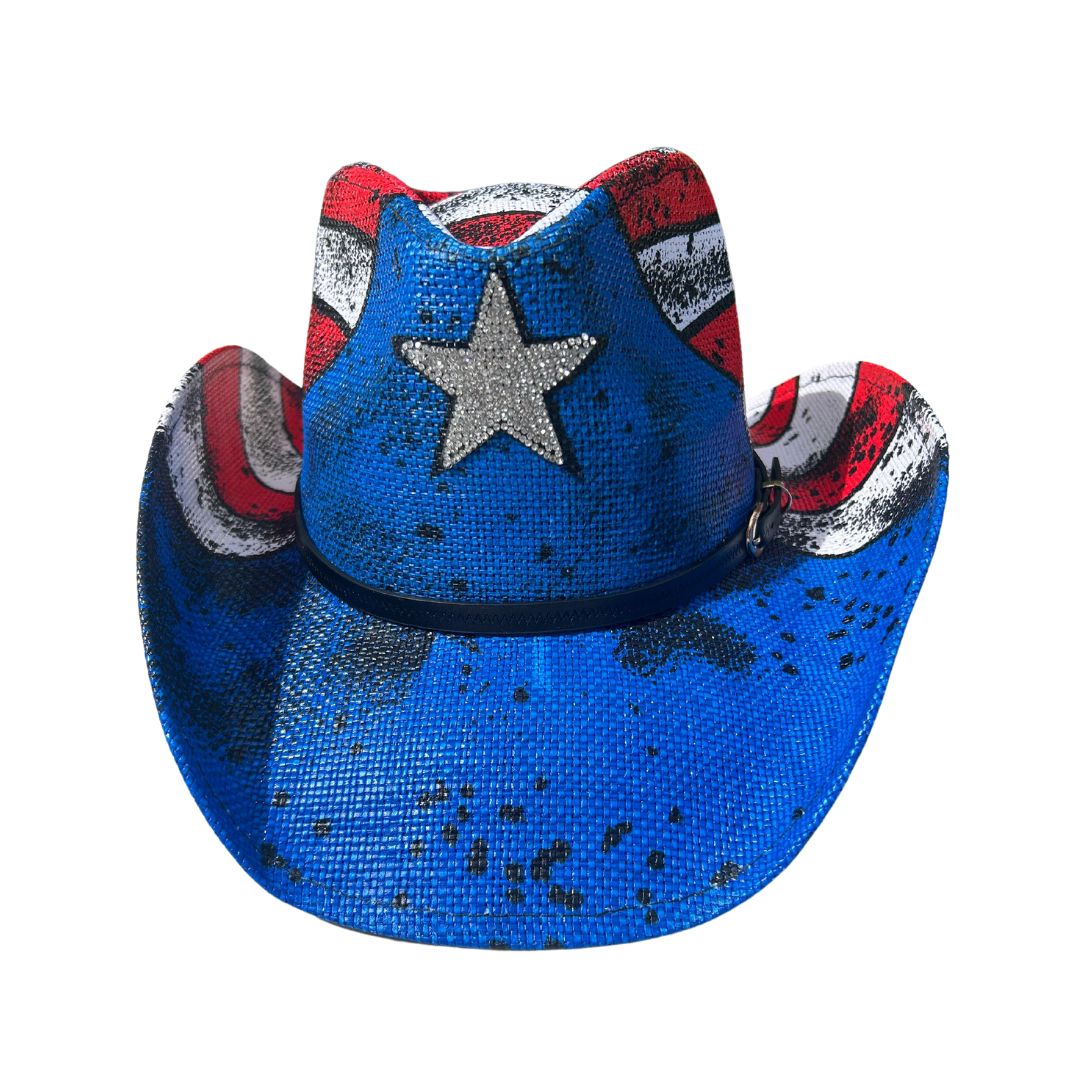 Flag-Inspired Straw Cowboy Hat – Rhinestone Star Western Festival Hat | Tainowears®