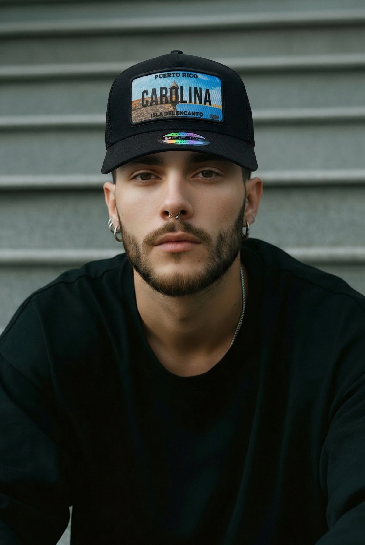 Puerto Rico license plate trucker hat with flag patch on the side