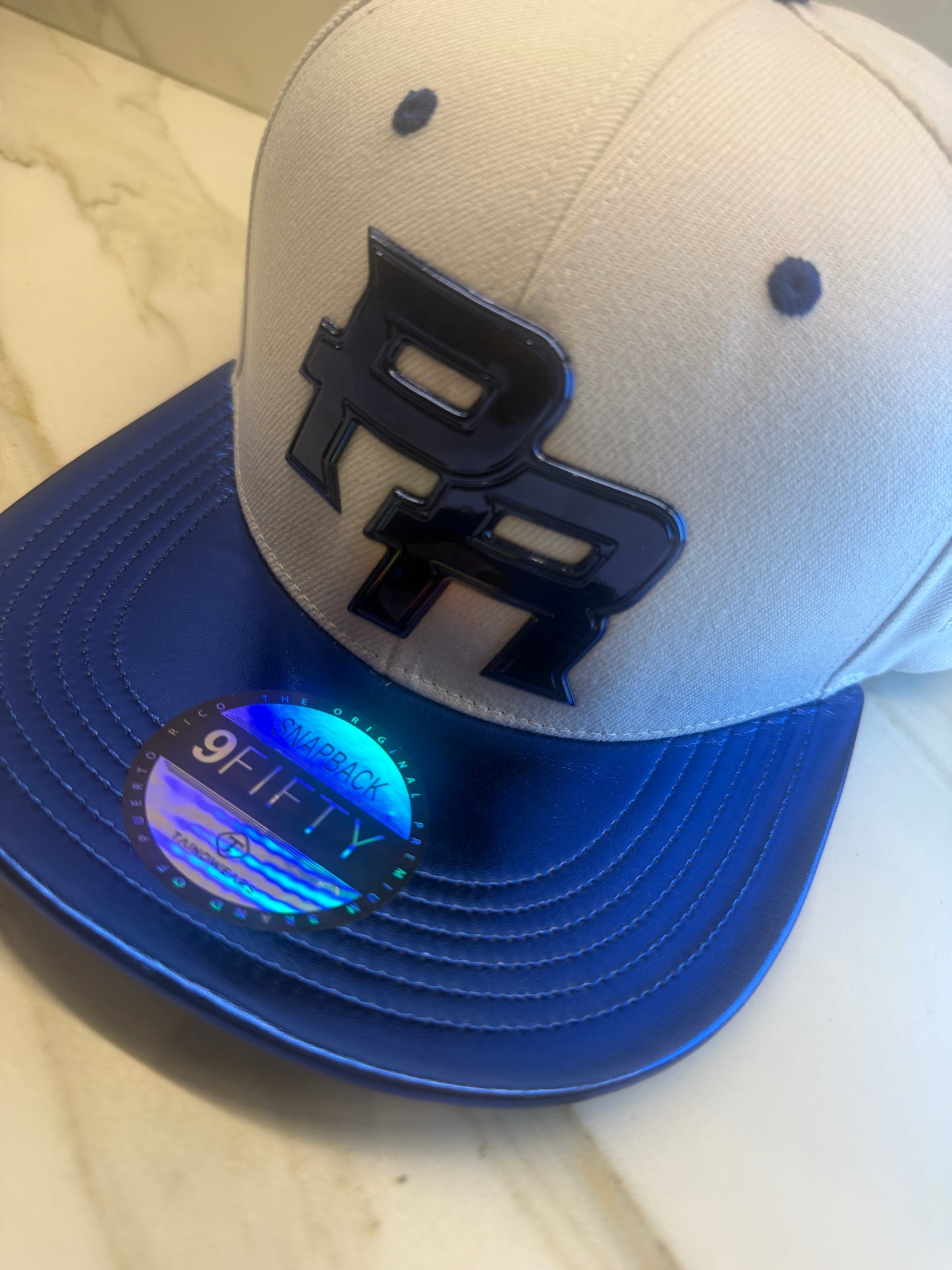 Puerto Rico Blue Metallic Hat - 5D Embroidered Flat Brim Snapback Cap