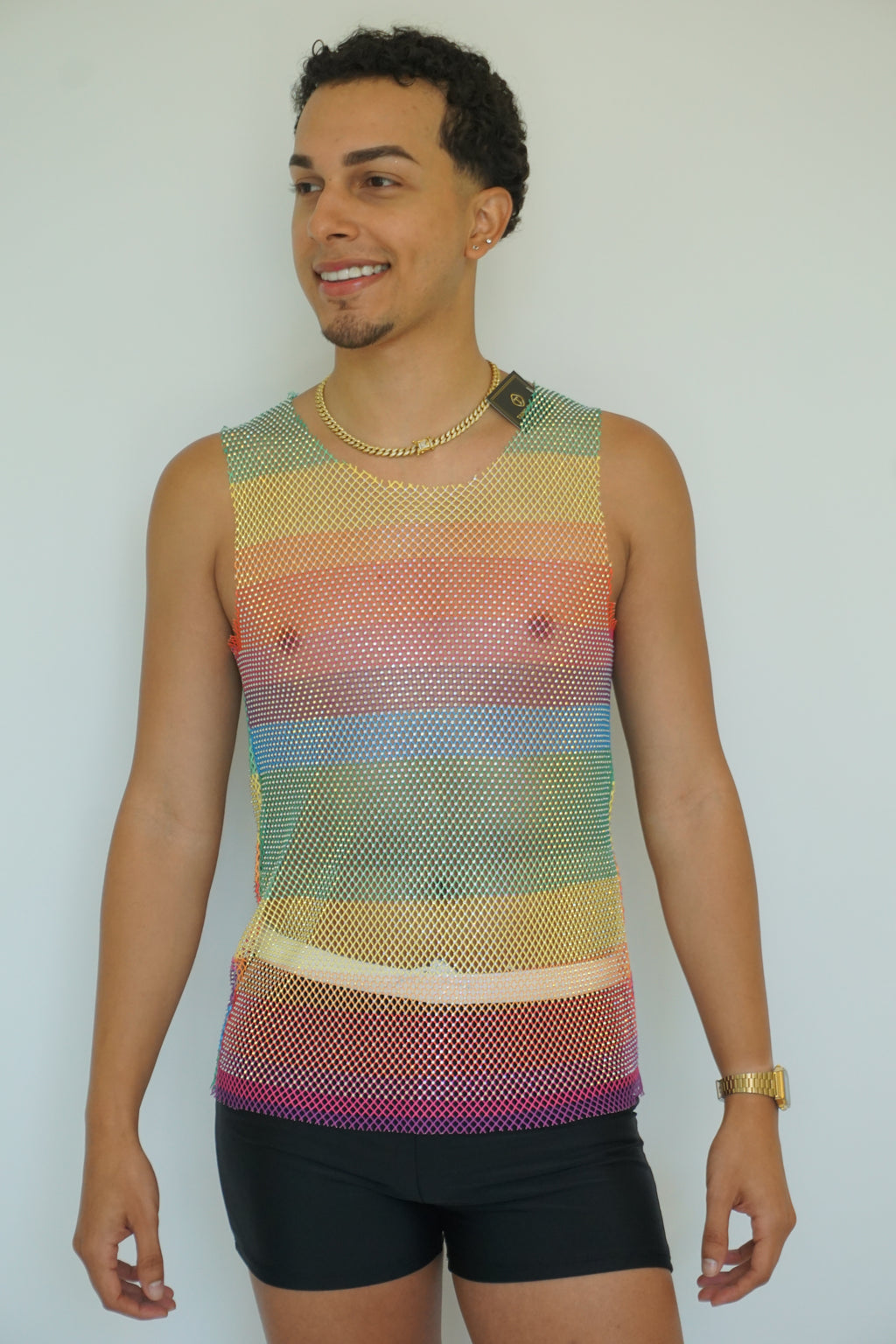 Rainbow Fishnet Long Tank Top – See-Through Mesh Camisole, Sleeveless Cover-Up for Women