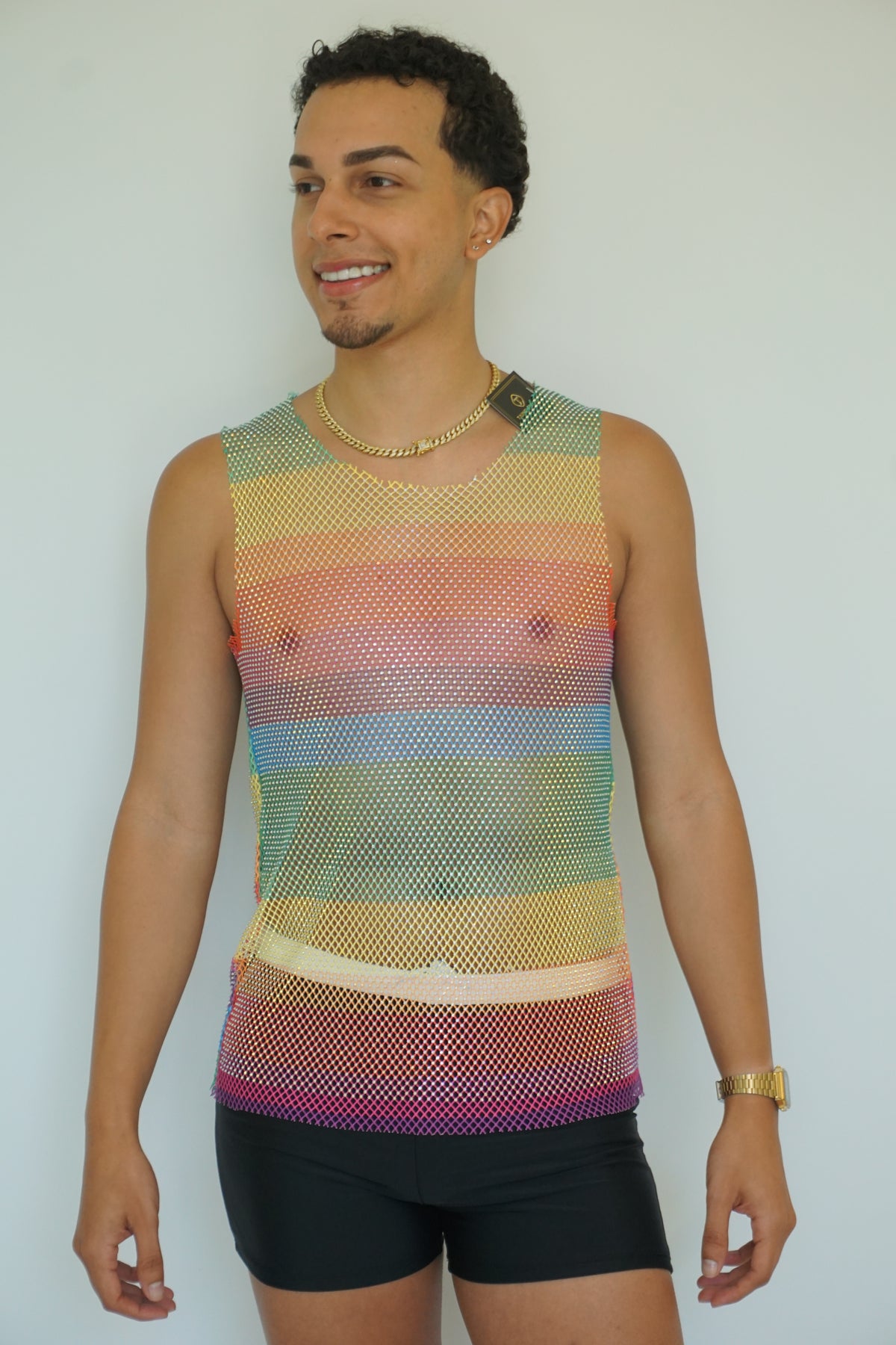 Rainbow Fishnet Long Tank Top – See-Through Mesh Camisole, Sleeveless Cover-Up for Women