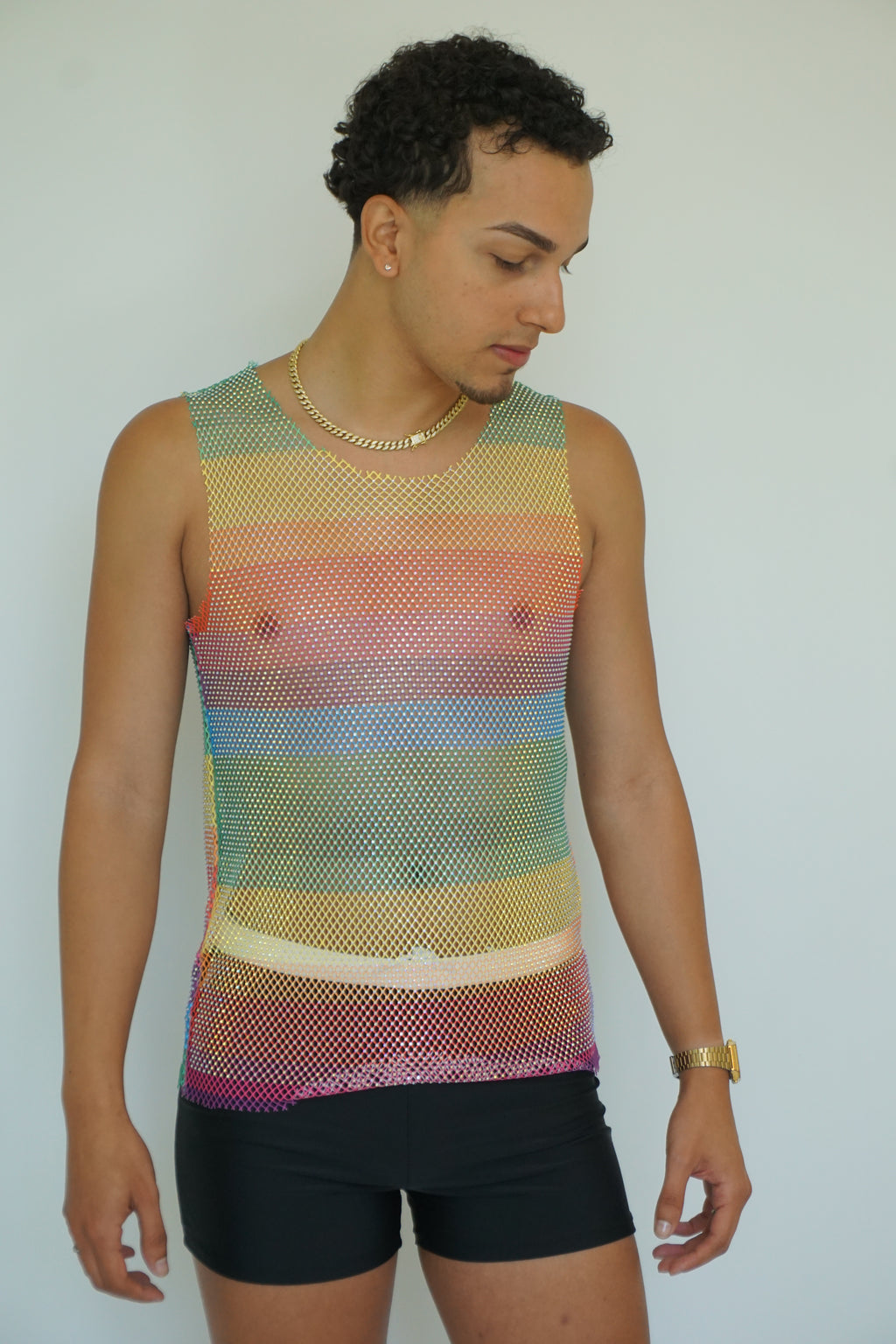 Rainbow Fishnet Long Tank Top – See-Through Mesh Camisole, Sleeveless Cover-Up for Women
